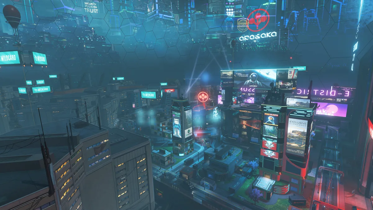 Night City temasıyla yeniden giydirilen E-District haritasından genel görünüm