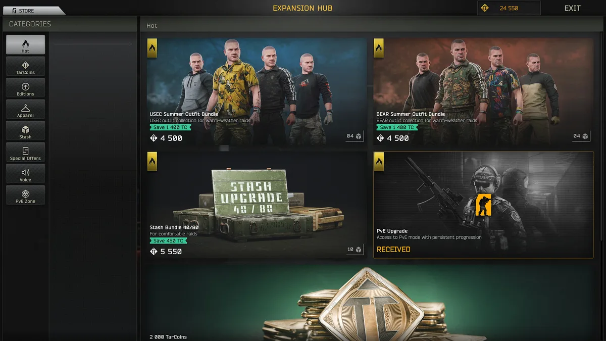Expansions Hub'da TarCoin ile satın alınabilen ürünler — Escape from Tarkov resmi duyuru görseli